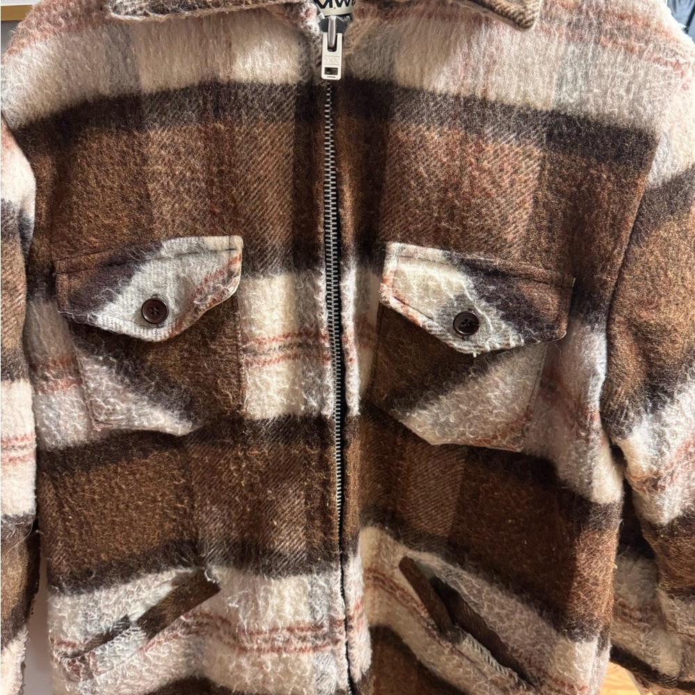 Men's Brown and Cream Plaid Shirt Jacket